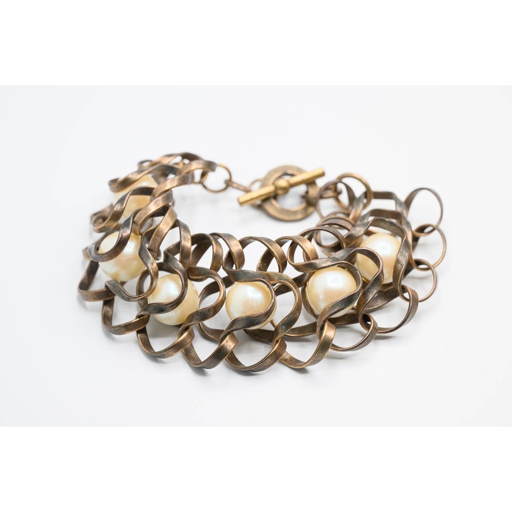 Faux Pearl Link Bracelet 7in Bronze Wavy Sculptural Toggle Clasp